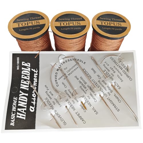 3Pcs Brown Upholstery Thread Heavy Duty, 7 Styles Curved Sewing Needles - color: Brown