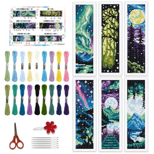 BEUNITONE 6 Pcs Landscape Bookmarks Cross Stitch Kits for Adults Beginner Scenery Cross Stitch Bookmark Kit Aurora Needlepoint Bookmark Kit Stamped DIY Embroidery Kit with Instructions 2.4x8 in - style: Dreamy Landscape