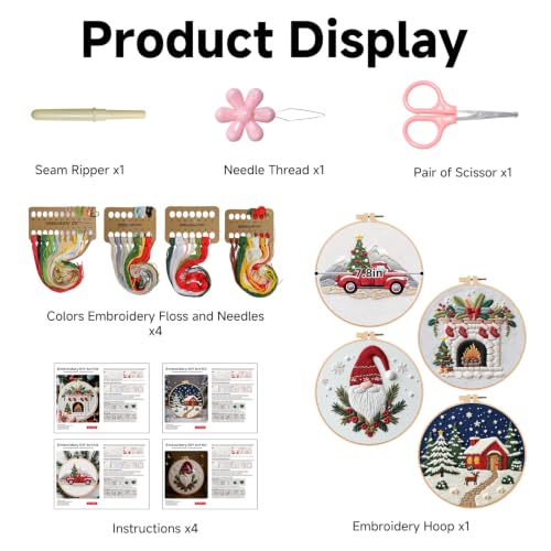 BBLYBD Christmas Embroidery Kit, 4 Set Embroidery DIY Starter Kit, Cross Stitch Kits with Pre-Printed Embroidery Fabric, Hoops, Step-by-Step Instructions, Color Threads & Needles (Christmas-4 Set) - color: Christmas-4 Set