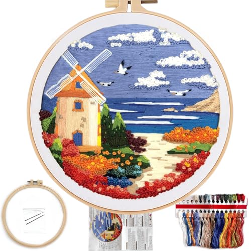 FONNUY Embroidery Kit for Beginners, Boho Nature Landscape Pre-Stamped Pattern Kits for Adults with Hoop, Easy to Follow Color Thread Needlework, 8'' Hoop (Beach House) - color: Beach House