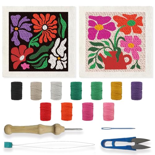 BEUNITONE 2 Sets DIY Punch Needle Kits for Beginners,Bohemian Flower Pre-Printed Pattern,Embroidery Punch Needle Starter Kits for Adults,Includes Pre-Printed Cloth,Yarns,Hoops,Threader and Instruction - color: 08-Boho