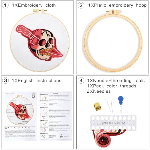 Halloween Punk Embroidery Kits for Beginners Adults, Blood Skull Embroidery Starter Kits, Halloween Cross Stitch Kits for Beginners Adults Hobbies for Women, Embroidery Fabric, Hoop and Video Tutorial - color: H2018