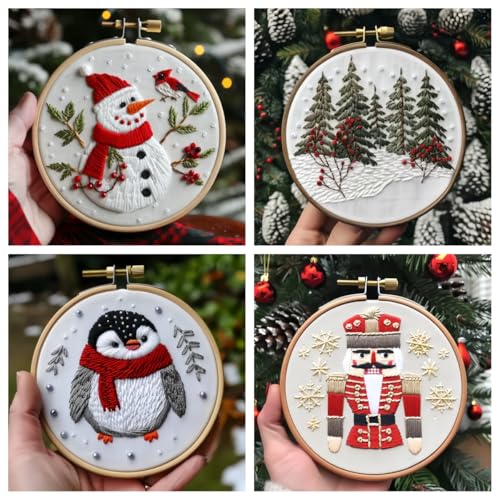 Christmas Embroidery Kit DIY Hand Embroidery Starter Cross Stitch Kits, Christmas Ornaments Embroidery with Stamped Pattern,Cotton,Threads,Needles,Instructions for Adults Beginners (Penguin) - color: Penguin