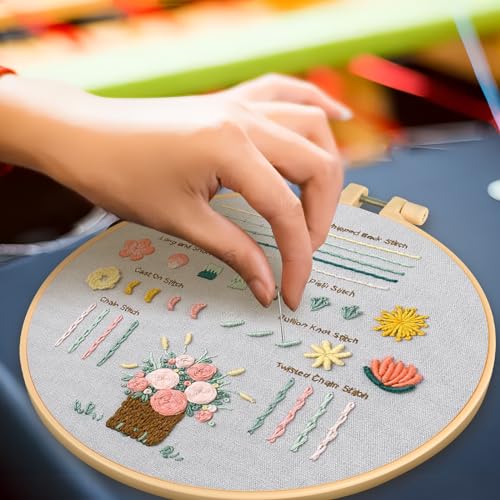 Ponpon 3 Sets Embroidery Kit for Beginners, Embroidery Kit for Adults with Follow Instruction, Cross Stitch Kits with Wooden Embroidery Hoops (Stlye D) - style: Stlye D