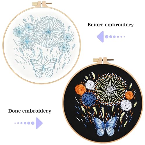 spicssa 2PCS Embroidery Kit for Beginners, Hand Needlepoint Kits for Adults with Pre-Stamped Patterns, 7.8-Inch Hoop, Threads & Needles, Step by Step Instructions - color: Fireworks