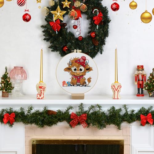 Christmas Highland Cow Embroidery Kit for Beginners Adults Easy Embroidery Starter Kit Highland Cow Christmas Hat Cross Stitch Kits Embroiderys Hoop Needlepoint Kits with Instruction Needles Thread - color: Christmas Highland Cow