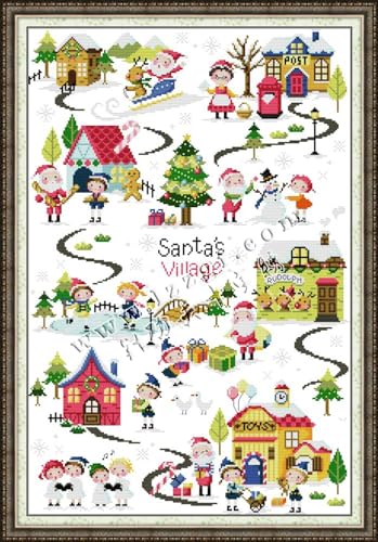 Rosyfoxes Cross Stitch Kits Stamped Full Range of Embroidery Starter Kits for Beginners DIY 14CT 2 Strands - Printed kit Christmas Village (Printed) 17.3x24.4 inches - color: Christmas Village(printed)17.3x24.4inches