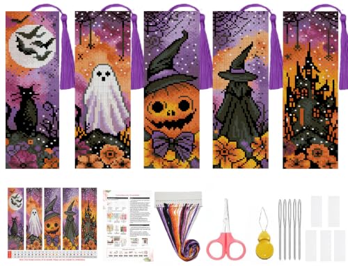 14CT Halloween Stamped Cross Stitch Bookmark Kit for Beginner Adults Crafts - color: SQJ006-01