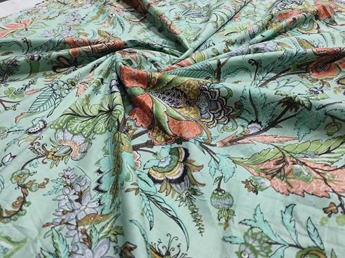 Indian Hand-Block Printed Jaipuri Flower Print Floral Ethnic Sanganer Kurti Print Cotton Fabric (Mint Mugal Flower, 3 Yards) - color: Mint Mugal Flower, size: 3 yard