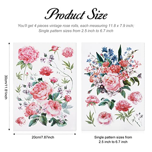Yexiya 4 Sheet Flowers Rub on Transfer for Crafts and Furniture Spring Butterfly Vintage Iron on Transfers Decals 11.8 x 7.9 Inch Rose Floral Furniture for Home Office Wood DIY Craft(Flower Style)
