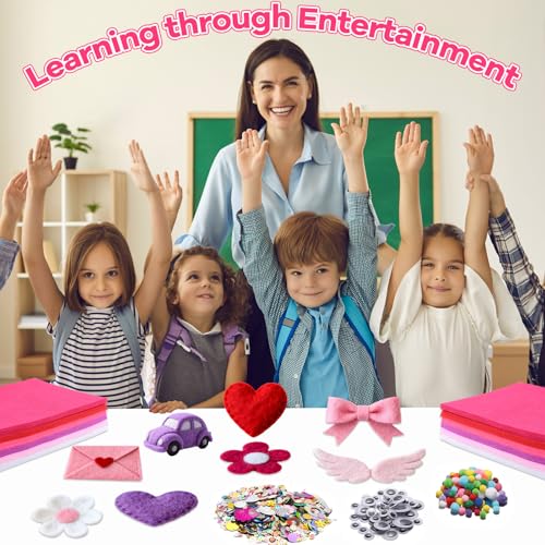 gisgfim 42Pcs Valentine's Day Pink-Purple Felt Fabric Sheet Craft Kit 8 x 12 Inch Assorted Soft Pink Felt Pack with Wiggle Eye Stickers Pom Poms Glitter Craft Supply for DIY Sewing Creative Art Deco - style: Valentine's Day Series