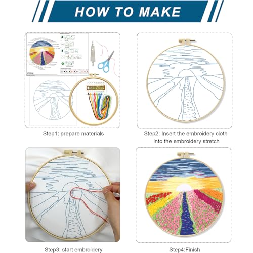 Zhenqing Flower Field Embroidery Kit for Beginners, Romantic Sunset Landscape Needlework Kit with Pre-Printed Fabric, Hoop, Threads & Tools (S-CX0314) - color: Romantic Flower Field