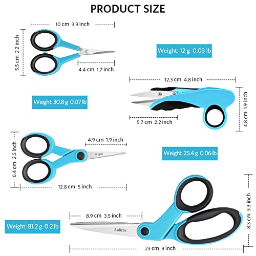 Asdirne Premium sewing Scissors Bundle, Perfect Sewing Partners, Sharp and Durable, Comfortable Handle, Contains 9”Fabric scissors, 5”Detail Shear, 3.9”Embroidery Scissors, 4.8”Thread Snips - color: Blue