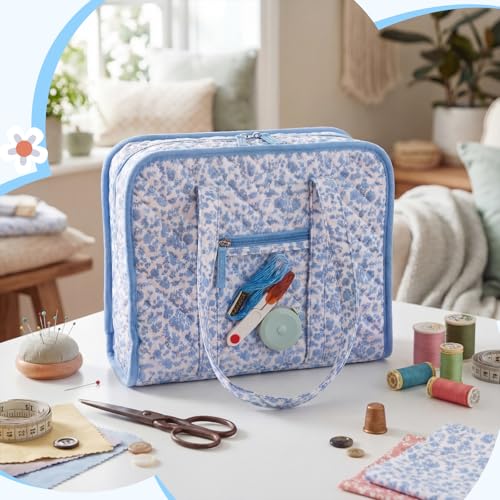 Abbylike Sewing Embroidery 8 Compartments Bag, Blue Floral - style: Blue Floral