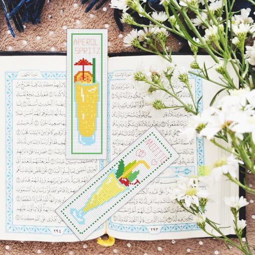 BEUNITONE 6 Pcs Summer Cross Stitch Bookmark Kits for Beginners Cocktail Sun Set Text Pattern Counted Cross Stitch DIY Stamped Embroidery Kits with Instructions for Book Lover Reader Writer 8''x2.4'' - style: Cocktail