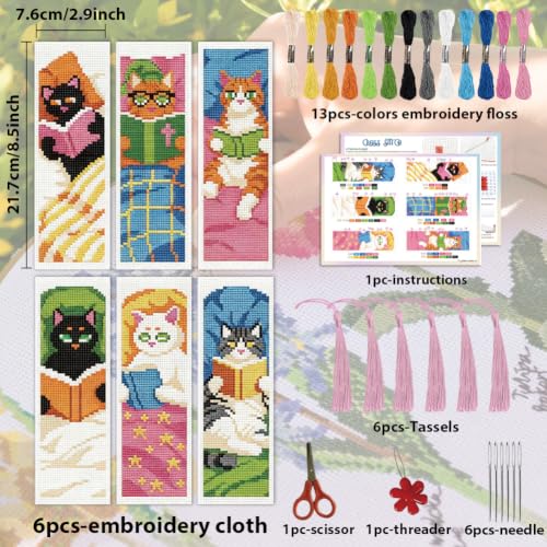 ACRNIGHEET 6PCS Cross Stitch Bookmark Kit for Beginner Stamped Cross Stitch Kits for Adults Cute Reading Cat DIY Tassel Embroidery Bookmark Kits Needlepoint Kit with Instructions Gift 8.5''x3'' 11CT - style: Reading Cat with Tassel