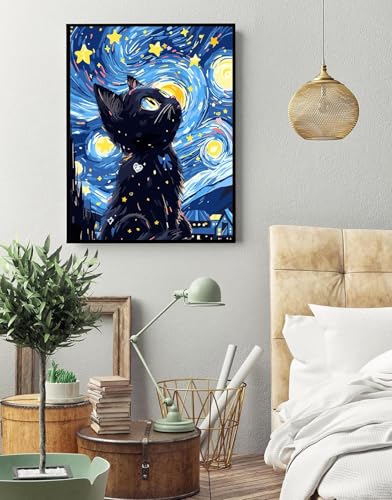 Eiazuiks Stamping Cross Stitch Kit, Starry Sky Cat Counting Cross Stitch Kit for Adult Beginners, Full Line DIY Stitching Kit for Home Decor Cross Stitch Patterns 12x16 inches - color: ZX036