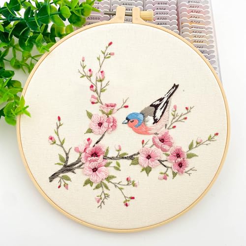 Silentsea Bird & Pink Blossoms Embroidery Kit – All-Inclusive DIY Cross Stitch Set with Pre-Printed Fabric, Threads, Needle, and Hoop for Adults – Perfect for Craft Lovers & Relaxation - color: Bird