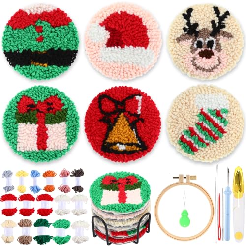 Yaomiao 6 Pcs Christmas Punch Needle Coaster Kit for Beginners, Adults - style: Christmas