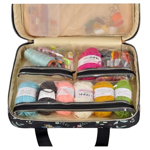 Portable Square Cross Stitch Starter Kits Bag Embroidery Project Bag Embroidery Tool Storage Tote Bag with Multifunctional Pockets, Bag Only (Black Leaves) - color: Black Leaves