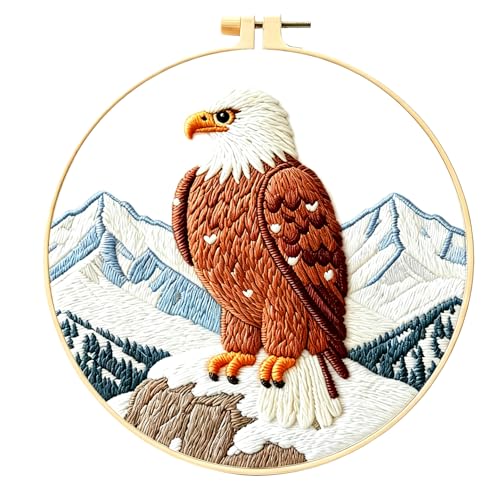Zhenqing Bald Eagle Embroidery Kit for Beginners, Wildlife Mountain Needlework Craft with Pre-Printed Cotton Fabric, Hoop, Threads & Tools (C0211) - color: Bald Eagle