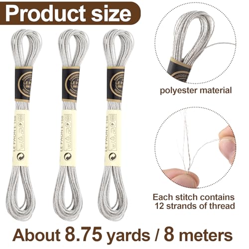 3 Skeins Metallic Embroidery Floss, Glitter Embroidery Thread String, Polyester Cross-Stitch Threads for Hand Embroidery, String Art, DIY Bracelet- Silver - color: Silver