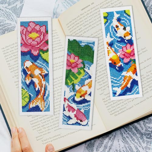 INFUNLY 6 Set Koi Fish DIY Cross Stitch Bookmark Kits for Adults Lotus Pond Counted Cross Stitch Kit with Instructions Koi Fishes Stamped Embroidery Bookmark Kit for Book Lovers Readers Gift - style: Koi Fish