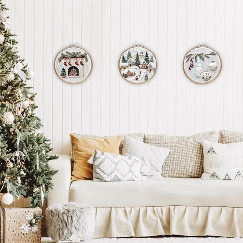EOBTAIN 3 Pcs Christmas Embroidery Kit for Beginners,Winter Christmas Village Embroidery Starter Kit Green Xmas Tree Fireplace Stamped Patterns with Hoop,Thread,Needles,Hand DIY Craft Kits for Adults - color: White