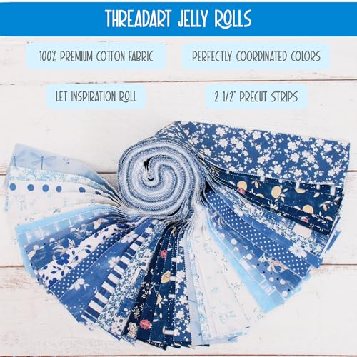 Threadart Blue Prints Jelly Roll - 40 Precut 2.5" Cotton Strips - color: Blue Prints