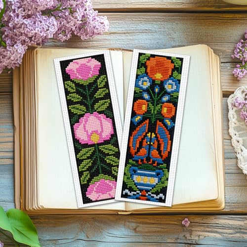 ACRNIGHEET 6PCS Cross Stitch Kits Stamped Cross Stitch Bookmark Kit for Beginner Adults Easy Flower DIY Embroidery Bookmark Kit Needlepoint Kits with Instructions Book Lovers Craft Gift 8.5''x3'' 11CT - style: Floral patterns 3