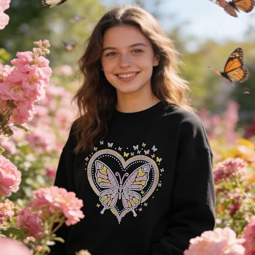 1 Pc Butterfly Heart Iron on Rhinestones Transfer, Pink Hotfix Iron on Patch Transfer Decals Crystal Heat Transfer Clothing Repair Decor for T-Shirt Jeans Jacket Party Decor - color: Butterfly Heart
