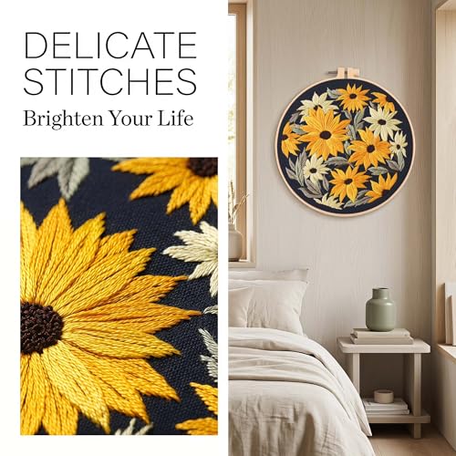 Harimau Adult Beginner Embroidery Starter Kit, Complete Set with 4 Patterns, 2 Hoops, Needles, Scissors, Instruction Guide & Stitching Video Tutorials - color: Floral9 pattern
