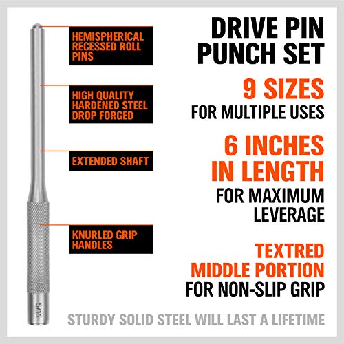 9-Piece Roll Pin Punch Set - Fast Pin Removal - Durable Steel & Construction - For Automotive, Firearm Maintenance, Watch, Jewelry & Craft Repair - Knurled Grip - Versatile Sizes