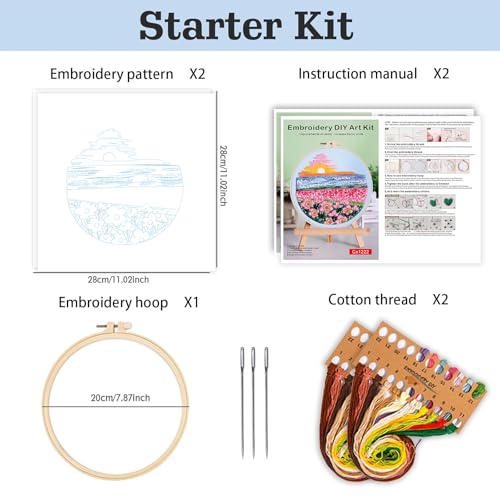 spicssa 2 PCS Embroidery Kit for Beginners, Hand Needlepoint Kits for Adults with Pre-Stamped Patterns, 7.8-Inch Hoop, Threads & Needles, Step by Step Instructions - color: Sunset