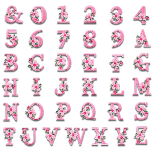 37Pcs Iron on Letters and Numbers Patches, Pink Flower Alphabet Embroidered Patch A-Z, Numbers 0-9 Applique for Clothes Hats Bags Jackets Jeans DIY Decoration - color: Pink letters and numbers, size: 37pcs