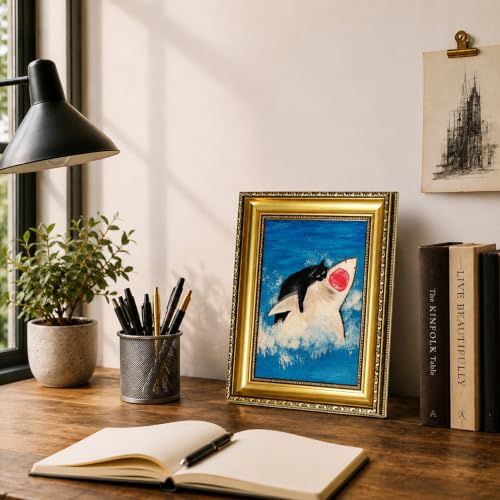 Vintage Gold Framed Black Cat Riding Shark Wall Art,9x11in - color: Cat Riding Shark Gold Framed, size: 11"L x 9"W
