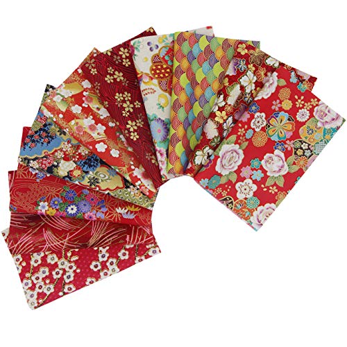 aufodara 10Pcs Cotton Craft Fabric Patchwork Bundle 20x25 cm, Japanese Style Printed Floral Beautiful Gold Patterns Bronzing Cloth for Sewing Quilting DIY Artcraft Handwork (Red) - color: Red