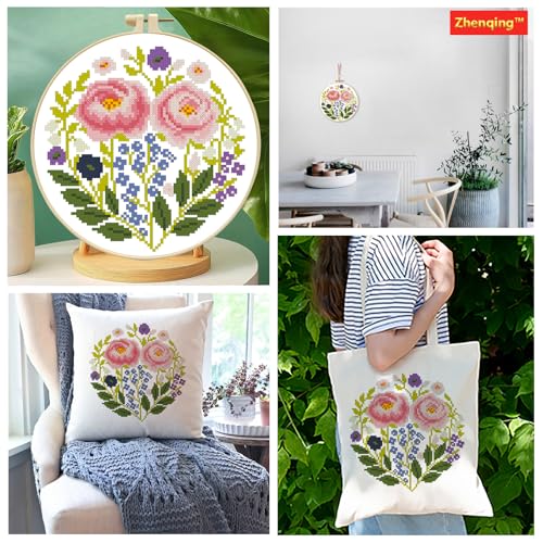Zhenqing Pink Floral Cross Stitch Kit for Beginners - 11CT 24x24cm Pre-Printed Pattern with Embroidery Hoop, Threads & Tools(70521) - color: Pink Floral