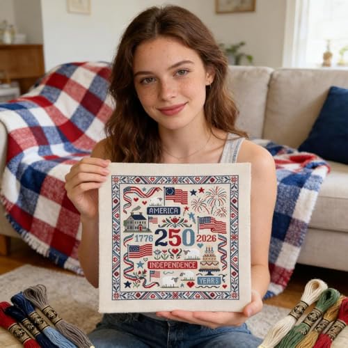 USA 250th Anniversary Cross Stitch Kit 9.8 x 9.8 Inch, 1776-2026 Patriotic Embroidery Kit for Beginners Adults, DIY 4th of July Patriotic Needlepoint Set with Threads Needle Wall Decor Craft Gift - color: 250th Anniversary-A