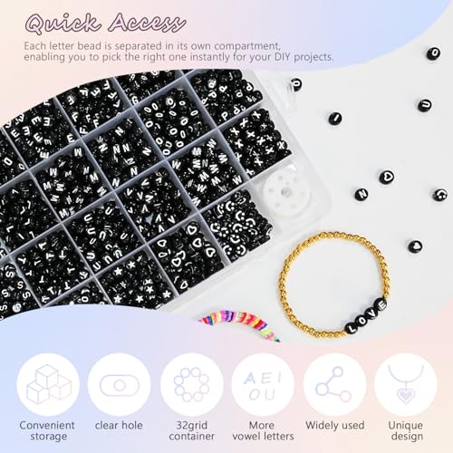 Amaney 1600pcs Black Letter Beads 4x7mm Round Acrylic Alphabet A-Z Number Star Smiley Beads and Heart Pattern for Jewelry Making - color: Black&heart, size: 7x4mm