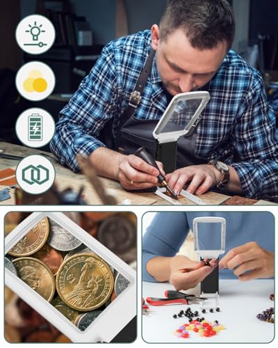 15X Magnifying Glass with Light and Stand, Rechargeable Folding Handheld Real Glass Magnifier, 3 Color Modes Dimmable Lighted Page Magnifying Sheet for Seniors Low Vision Small Prints - color: Black-white