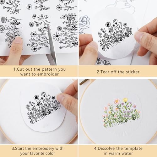 Water Soluble Embroidery Patterns Stabilizers, 3 Sheets 50 Pcs Floral Stick and Stitch Embroidery Papers Wash Away, Pre-Printed Boho Floral Pattern Transfers for Hand Sewing Lovers Beginners - size: Boho Floral