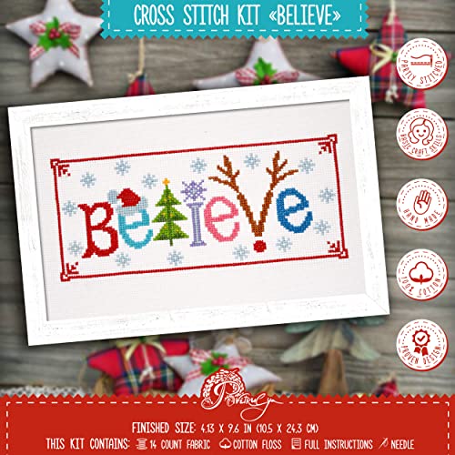 Povitrulya Counted Cross Stitch Kit 'Believe' - Embroidery Set for the Holidays, Encouragement, or Inspiring Everyday Possibilities with a Christmas Tree, Snowflake, Deer and Santa Hat