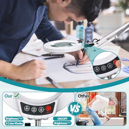 12X Magnifying Glass with Light and Stand, 2-in-1 Desk Lamp & Clamp Light, 5 Color Modes, Brightness Stepless Dimmable LED Lighted Magnifier Hands Free, Magnifier Lamp for Crafts - White - color: White, size: 12X 17.8inch Base & Clamp