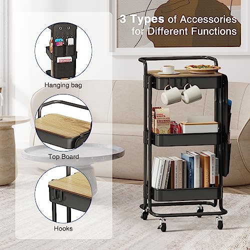 DTK 3 Tier Metal Utility Rolling Cart with Table Top and Side Bags, Tray Storage Organizer Wheels, Art Craft 4 Hooks for Kitchen Bathroom Office Living Room (Black) - color: Black, size: Large
