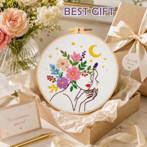 Nuberlic Embroidery Kit for Beginner,Floral Woman Embroidery - color: woman