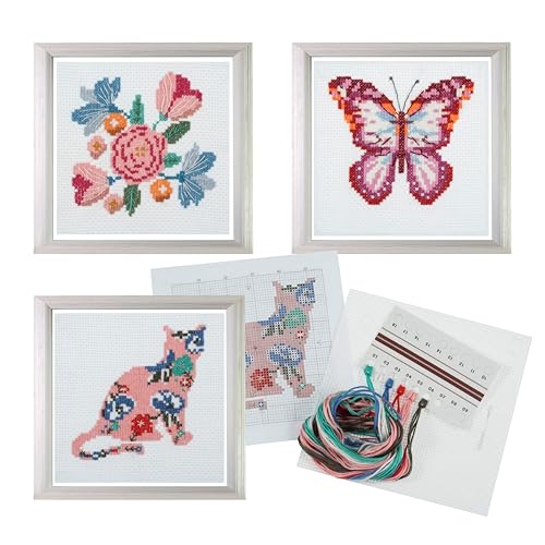 Trimits 3PK Cross Stitch Bundle – Counted Embroidery Kit, Beginner & All Level Starter Set, Complete with Instructions & Thread Children Wall Home DIY Décor – 13x13cm – Butterfly, Cat, Flowers - style: Butterfly, Cat, Flowers