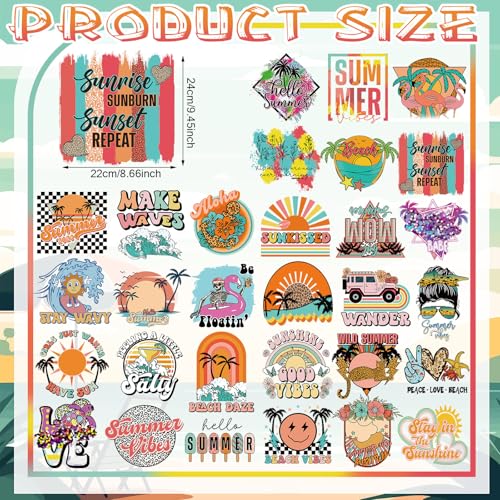 Estune 30 Pcs Summer Beach Iron on Transfers Summer Vibes DTF Ready to Press Heat Transfer Decal Retro Boho Vinyl Iron on Patches Stickers for T Shirts Jacket Bag Clothes DIY Crafts Party Decorations - style: Summer Beach