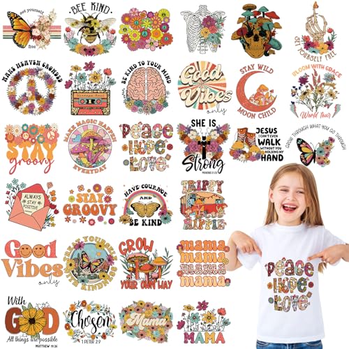 Estune 30 Pcs Retro Groovy Iron on Transfers Mama Boho Floral Heat Transfer Vinyl Vibes Iron on Decals Patches DTF Transfers Stickers Ready to Press for T Shirts Jacket Bag Hat DIY - style: Groovy