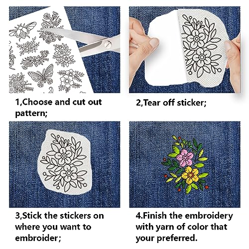 BENECREAT 4 Sheets 60PCS Stick and Stitch Embroidery Paper, Butterflies and Flowers Theme Stabilizer Water Soluble Hand Sewing for Carves, Shirts, Coats, Bags, Towels - color: Butterflies and Flowers